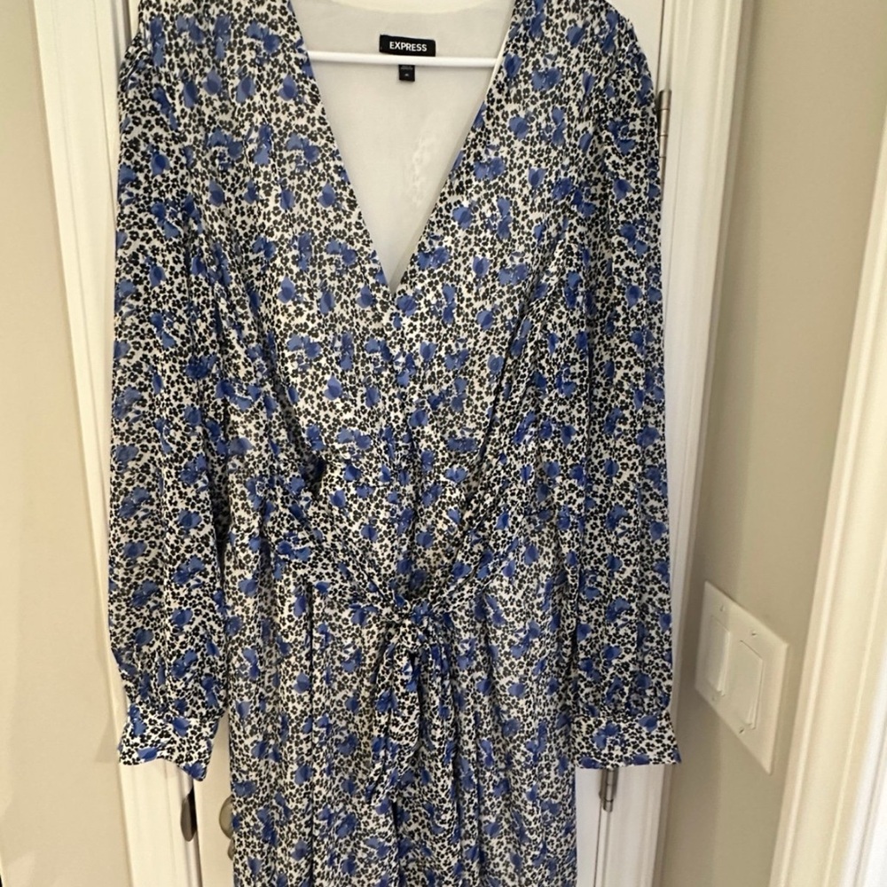 Express Blue and White Floral Long Sleeve Dress - Picture 3 of 6